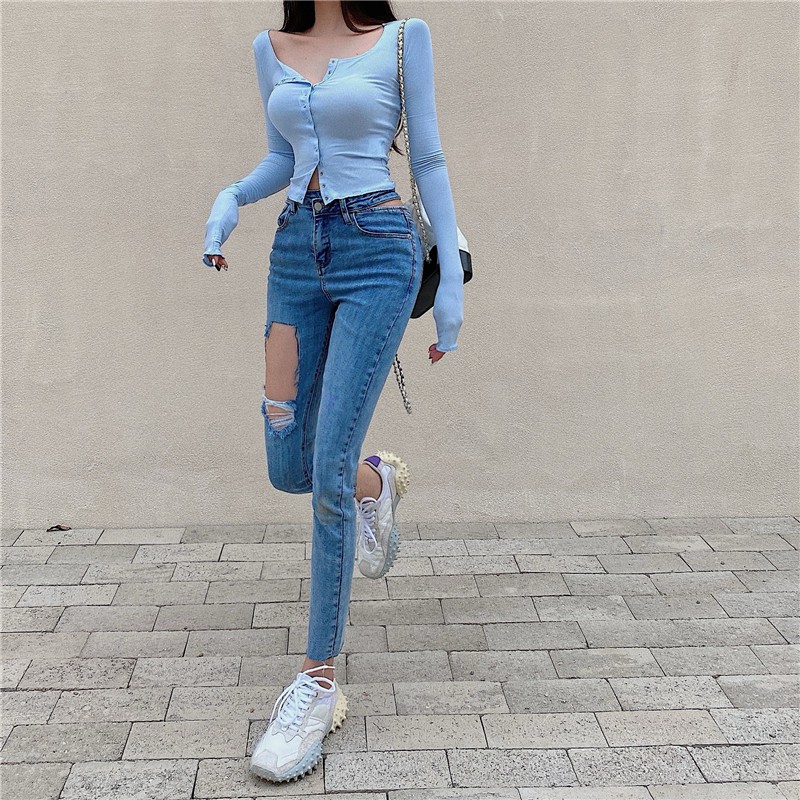 Ulzzang ( 얼짱) - QUẦN JEANS RÁCH DÁNG ÔM THỜI TRANG NỮ