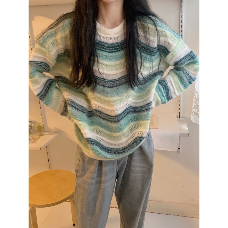 Áo len ZHELIHANGFEI tay dài dáng rộng họa tiết kẻ sọc màu cầu vồng dễ phối đồ