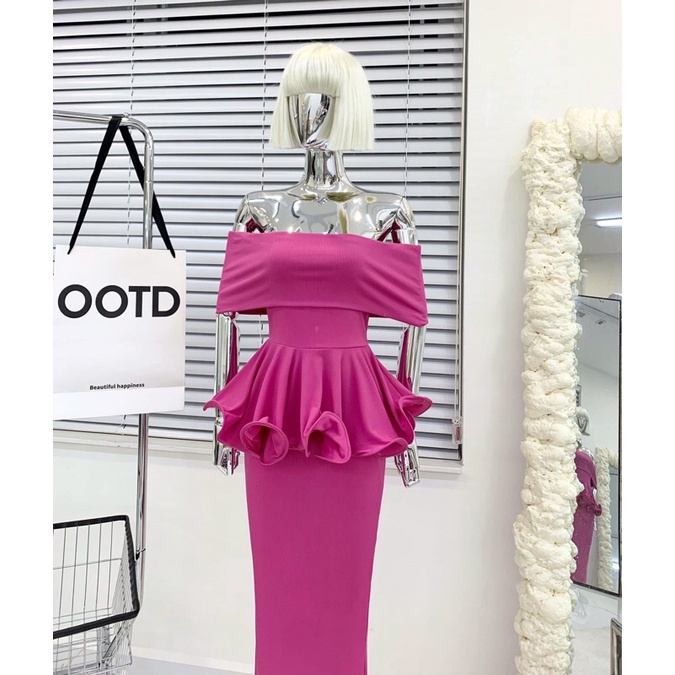 Set áo peplum trễ vai tùng xếp ly + Chân váy body