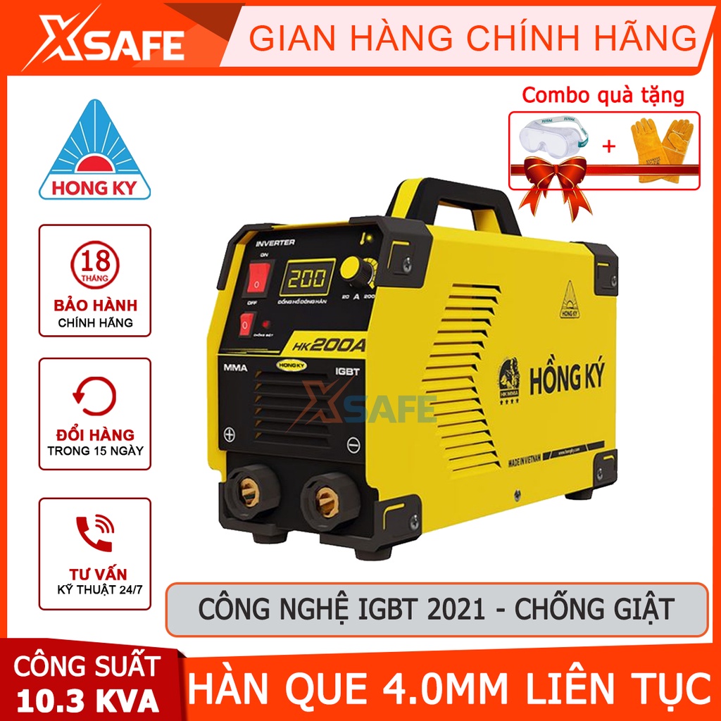 Máy hàn điện tử mini Hồng Ký HK200A 2021 công suất 10.3 KVA, công nghệ IGBT, chế độ chống giật chống quá tải, quá nhiệt