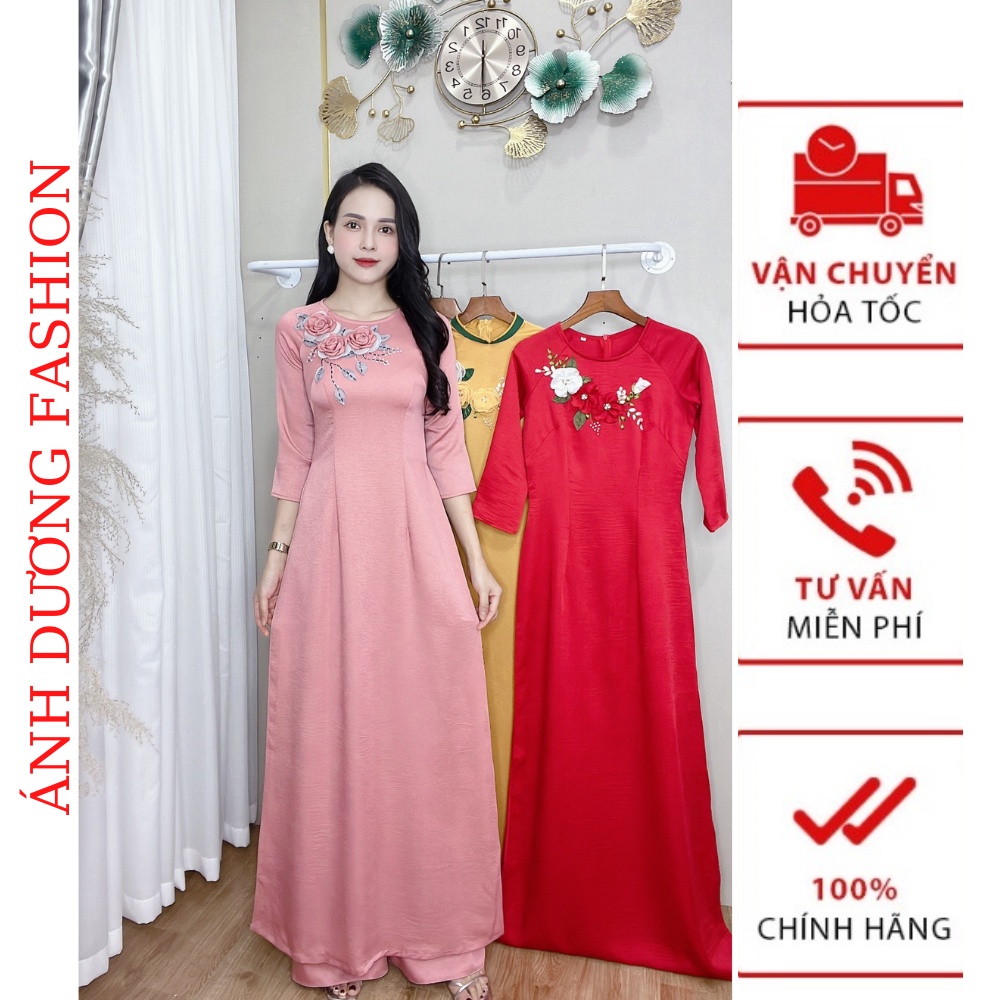 Áo Dài Màu Hồng Kết Hoa Ruy Băng, Cổ tròn, trẻ trung, vải lụa tây thi co giãn thấm hút mồ hôi -AD03