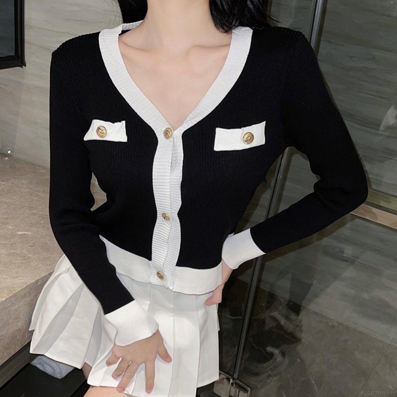 Áo croptop dệt kim tay dài cổ chữ V phối màu