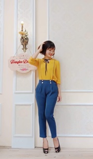 Áo sơ mi cổ tim dựng dây nơ