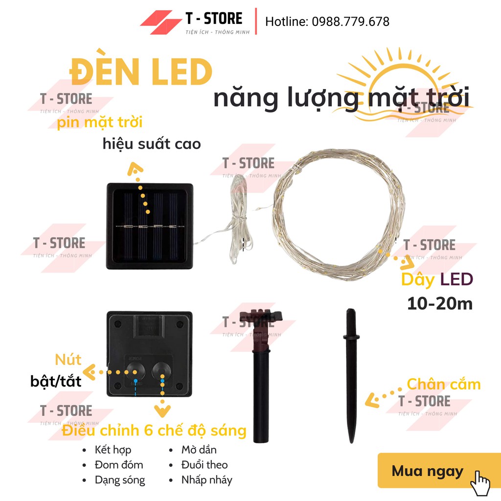 Dây Đèn LED Đom Đóm Năng Lượng Mặt Trời 20 Bóng,Chống Nước Trang Trí Ban Công, Sân Vườn, Cây cảnh, Giàn hoa Trang Trí.