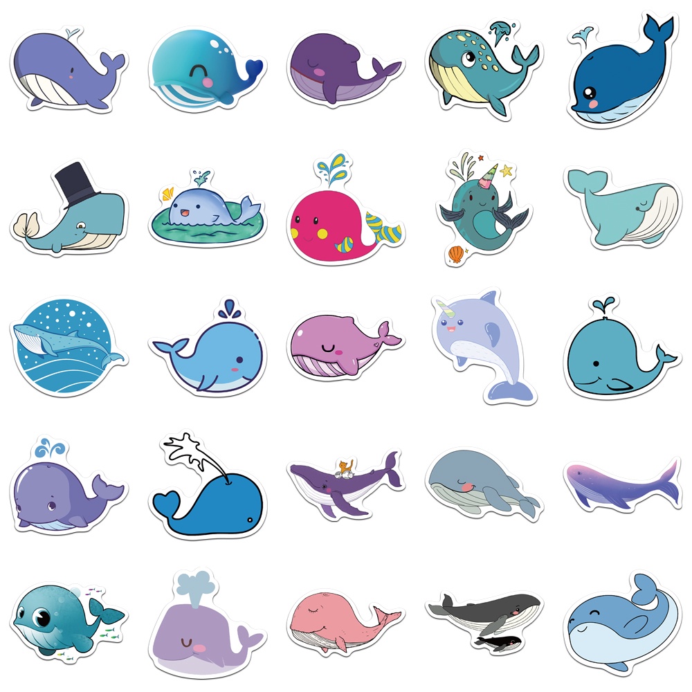 Set 50 Miếng Dán Hình Cá Voi Hoạt Hình Dễ Thương Trang Trí Đa Năng