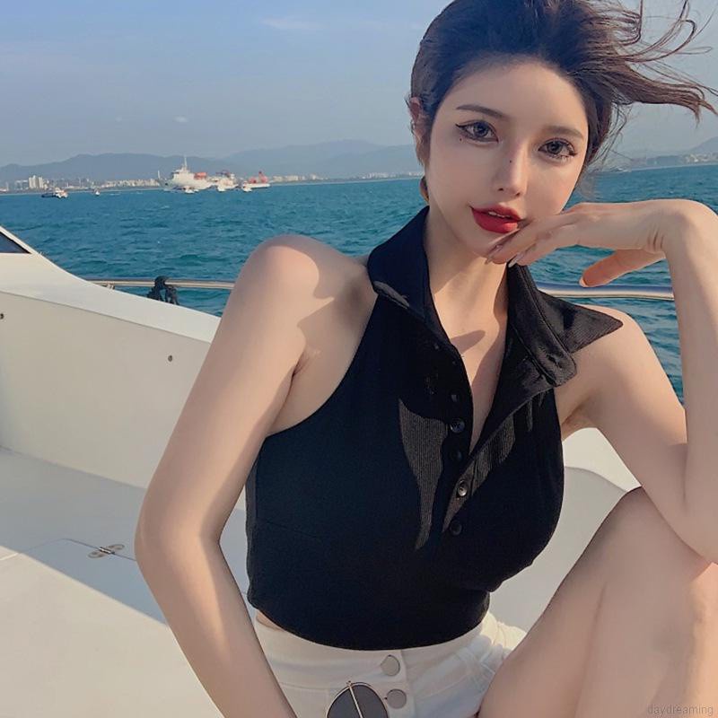 Áo kiểu croptop sát nách cổ bẻ ôm dáng vừa vặn thời trang mùa hè dành cho nữ