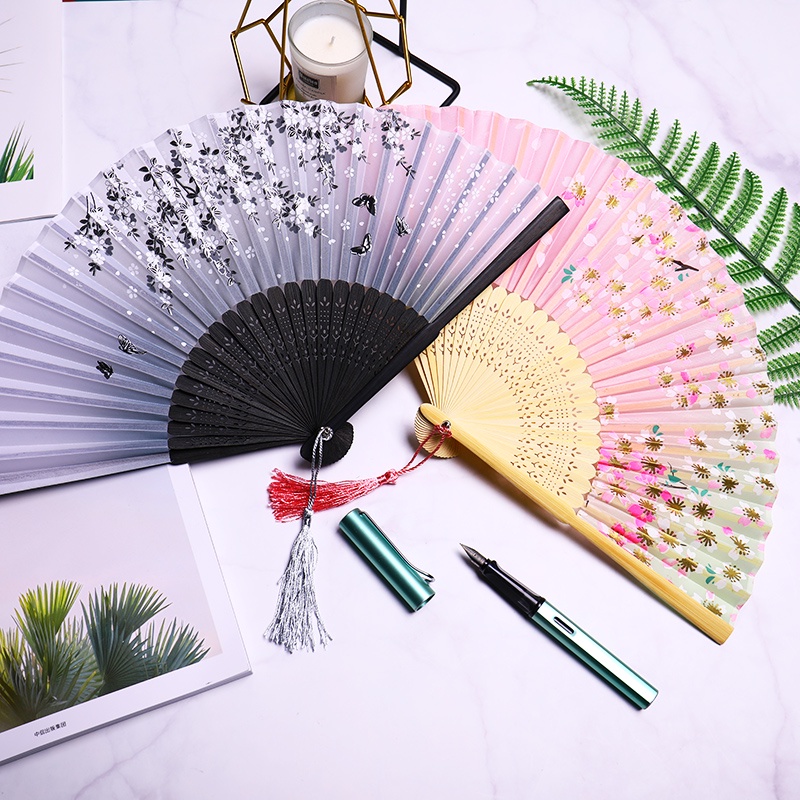 Quạt Cổ Trang xếp cầm tay quà tặng xinh xắn phong cách Trung Quốc vải lụa Trúc hai bên