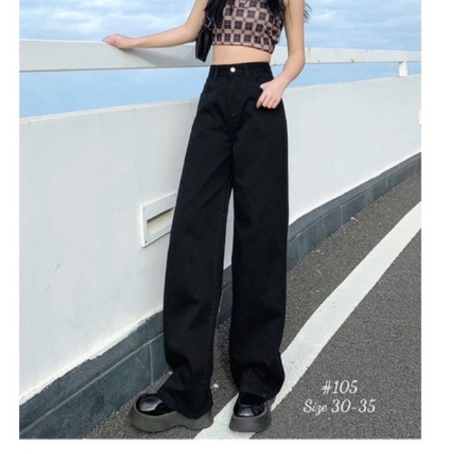 [TCshopjean Bigsize 50-80kg] Quần Jeans Đen Nữ Ống Suông Rộng Lưng Cao Ms 105