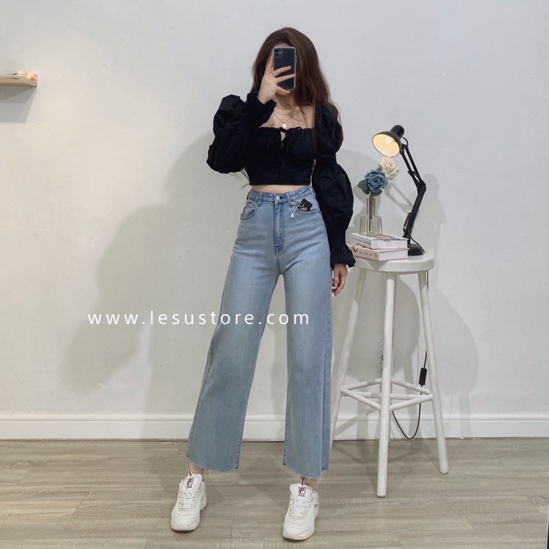 ẢNH TỰ CHỤP Quần jeans culottes trơn lai cắt lưng cao dài 90cm