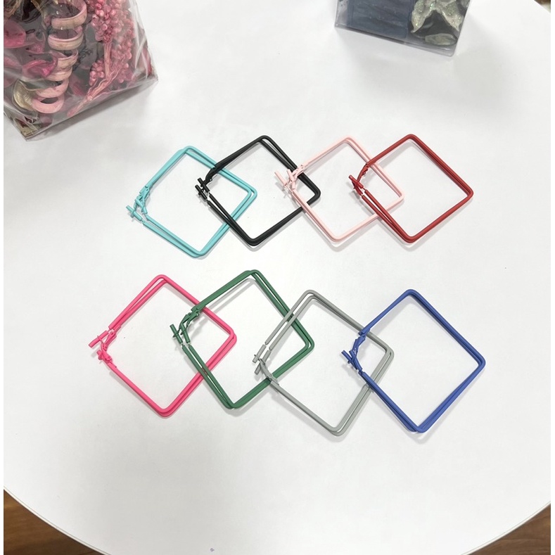 bông tai hình thôi cá tính, khuyên tai hình vuông nhiều màu chui bạc 925 sơn tĩnh điện nhám cao cấp