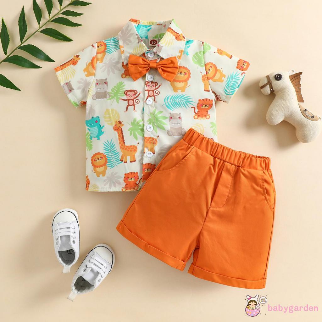 Bộ Áo Sơ Mi Tay Ngắn Đính Nơ Hình Động Vật + Quần Short Màu Trơn Dành Cho Bé Trai 6 Tháng Tuổi 4 Tuổi