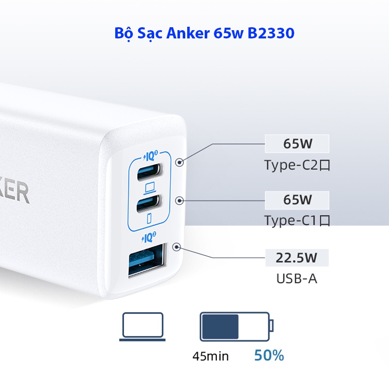 Bộ Củ + Cáp Sạc Anker 65w B2330 kèm cáp C to C 1m Sạc Nhanh Điện Thoại Máy Tính Laptop