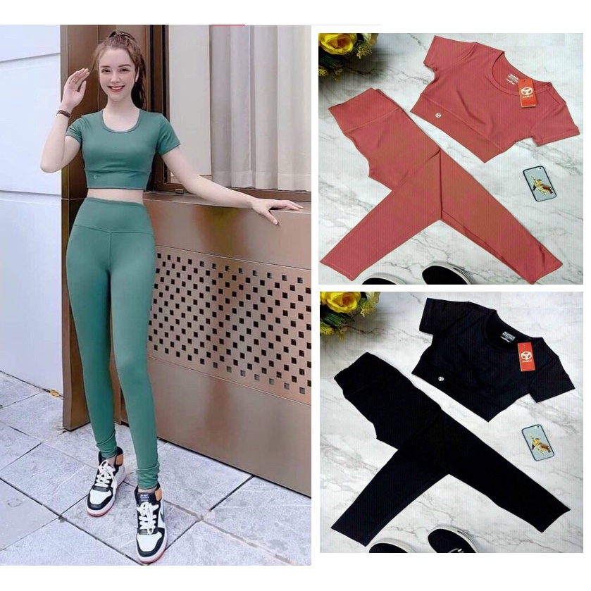 Set quần áo tập gym yoga 2 món, bộ đồ tập gym nữ, quần dài và áo croptop
