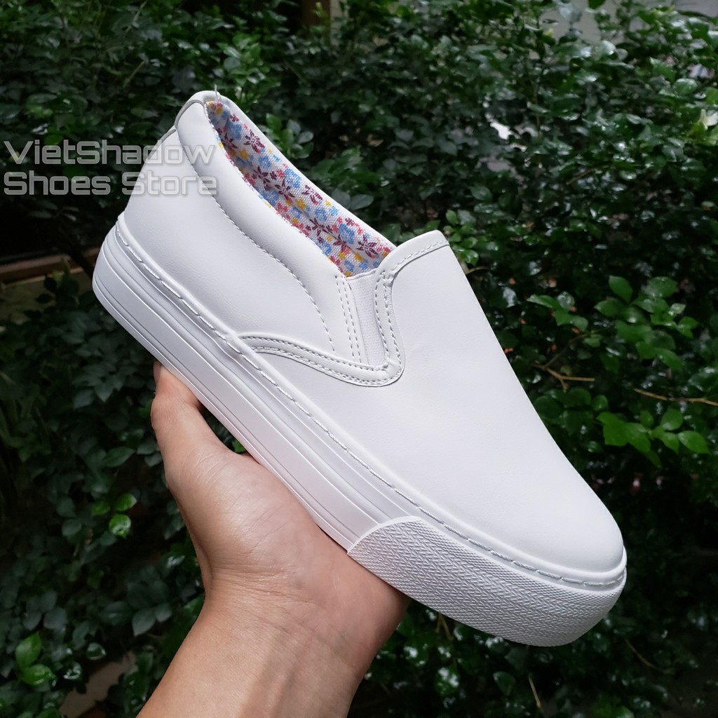 Slip on da nữ - Giày lười da nữ đế bánh mì - Da PU màu (trắng) và (đen) đế trắng - Mã SP: D16/803