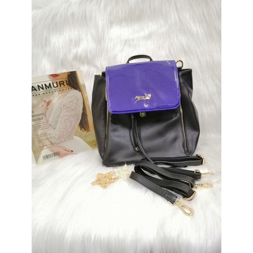 Ba lô phối xanh dương và đen PU #RebeccaBonbon chú cún Nhật Bản ,