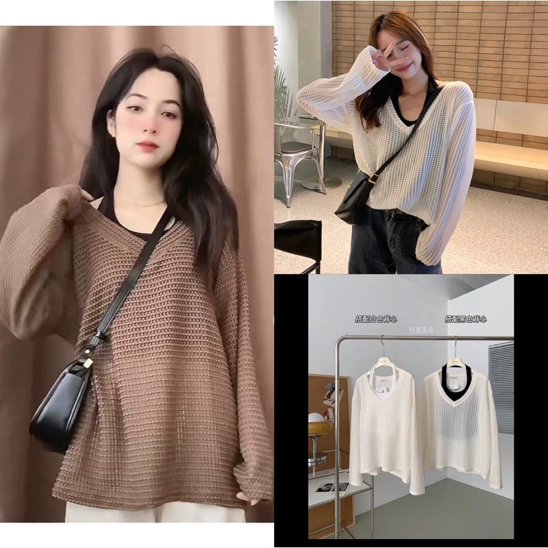 SET ÁO THUN LỖ MIX ÁO YẾM DÀI TAY style Ulzzang