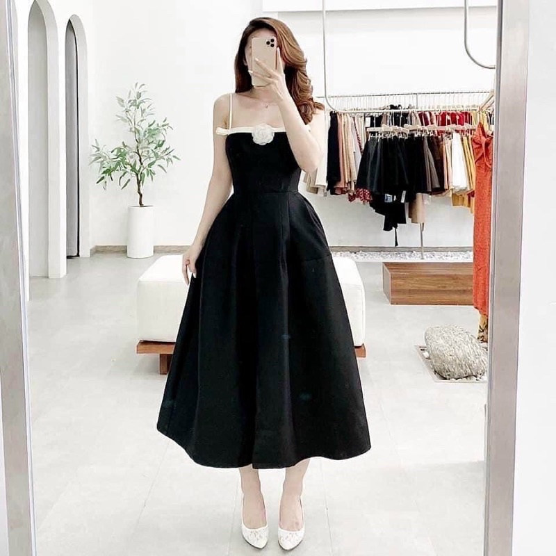 ĐẦM MIDI 2S VIỀN NGỰC TAG HOA