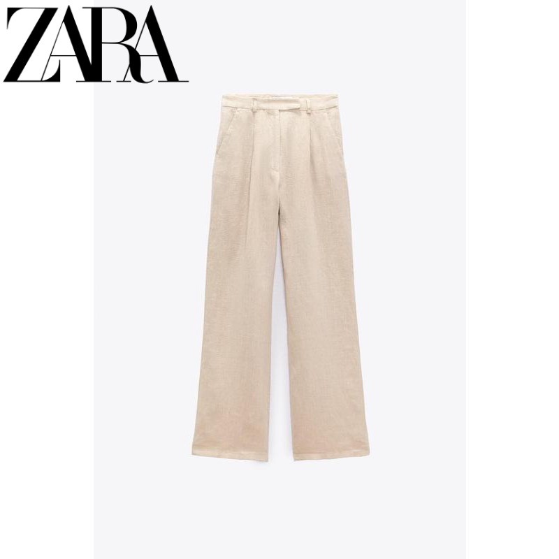 Zara Bộ Áo Sơ Mi Vải Lanh Ngắn Tay Cổ Chữ V + Quần Dài Lưng Cao Ống Rộng Thời Trang Mùa Hè 8291500 8292500