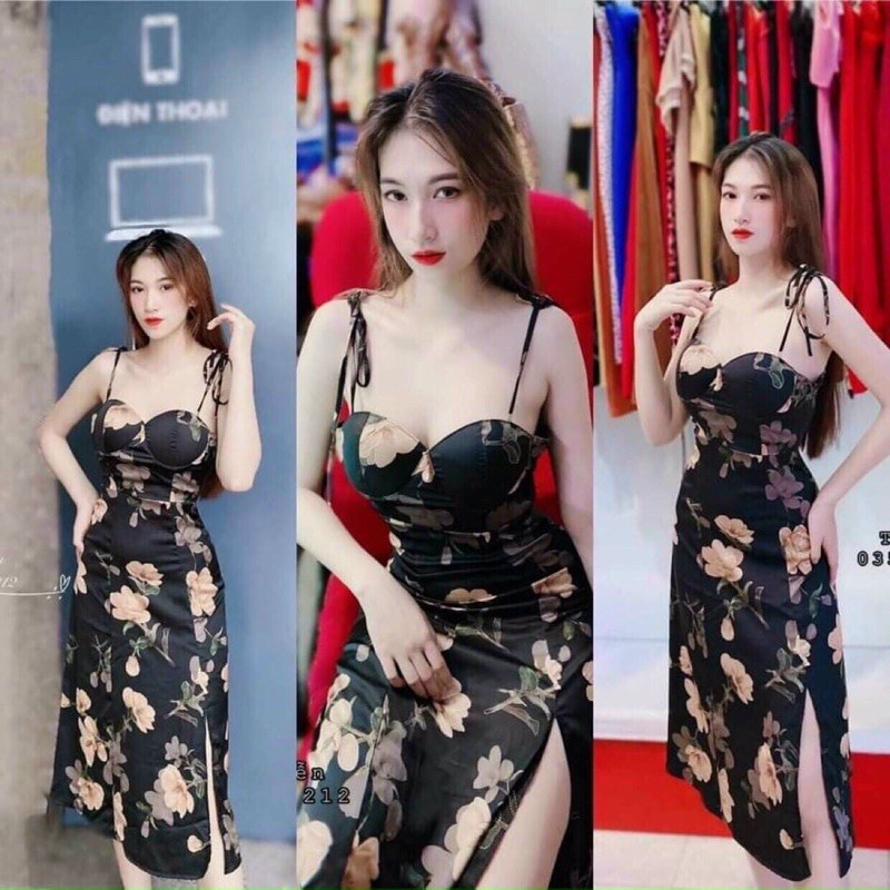 Đầm body 2 dây hoạ tiết xẻ tà cực sexy có mút ngực