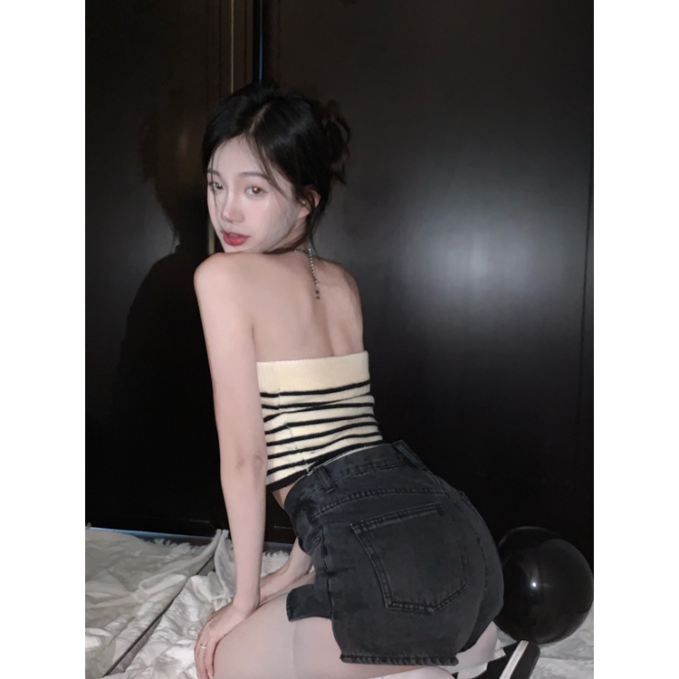 Kumikumi HUANG YOYO Áo Croptop Ống Mỏng Kẻ Sọc Phong Cách Hàn Quốc Thời Trang Mùa Hè 2023 Cho Nữ