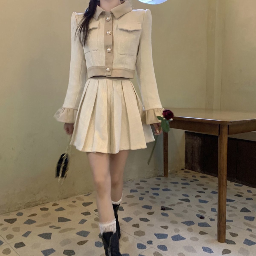 Bộ Áo Tay Loe + Chân Váy Xếp Ly Thời Trang Mùa Thu Cho Nữ 2021