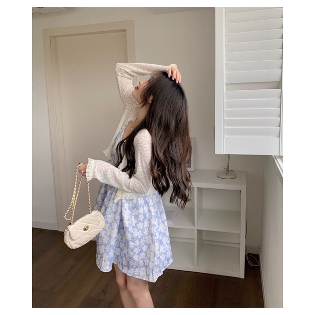 SET ĐẦM HOA HAI DÂY XANH PHỐI REN + KHOÁC REN