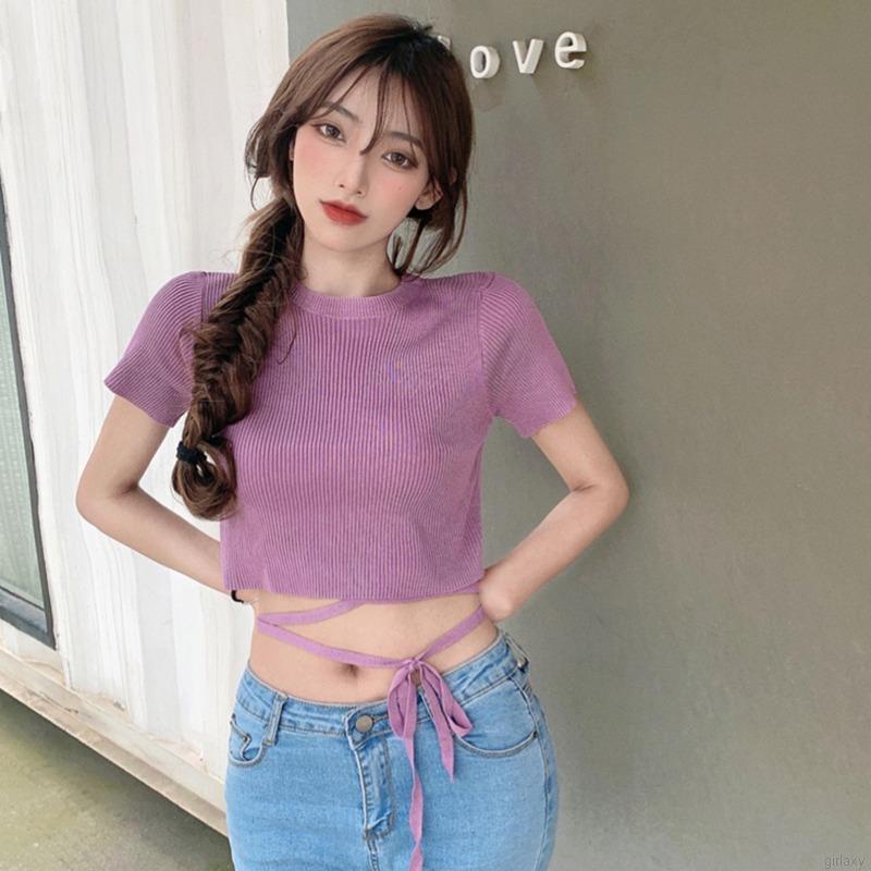 Áo Croptop Dệt Kim Tay Ngắn Cổ Tròn Màu Sắc Đơn Giản Phong Cách Hàn Quốc