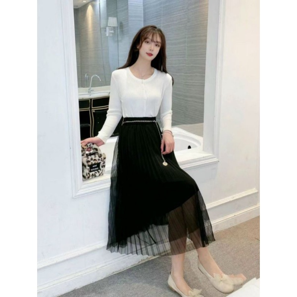 Chân váy von xoè dáng dài midi kèm đai dây xích hàng quảng châu