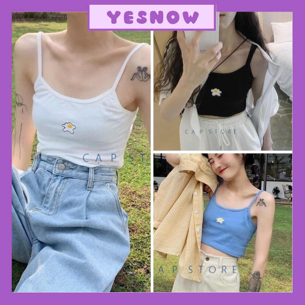 Áo croptop body 2 dây Ulzzang in hình trứng rán, áo croptop dáng body siêu hot hit