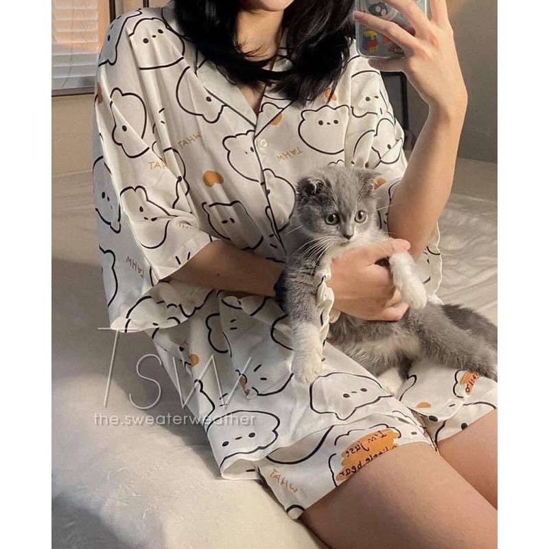 Đồ pyjama FREESHIP Bộ ngủ lụa mango hình cute, đồ bộ mặc nhà tay cộc freesize dành riêng cho nữ PHULA