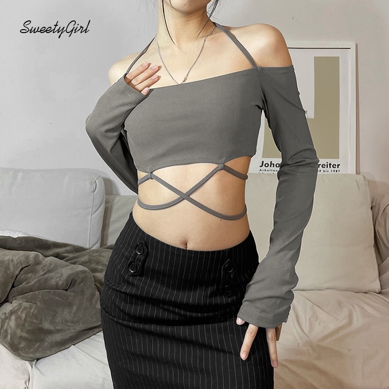 Áo Croptop Trễ Vai Tay Dài Dáng Ôm Màu Trơn Thời Trang Quyến Rũ Cho Nữ