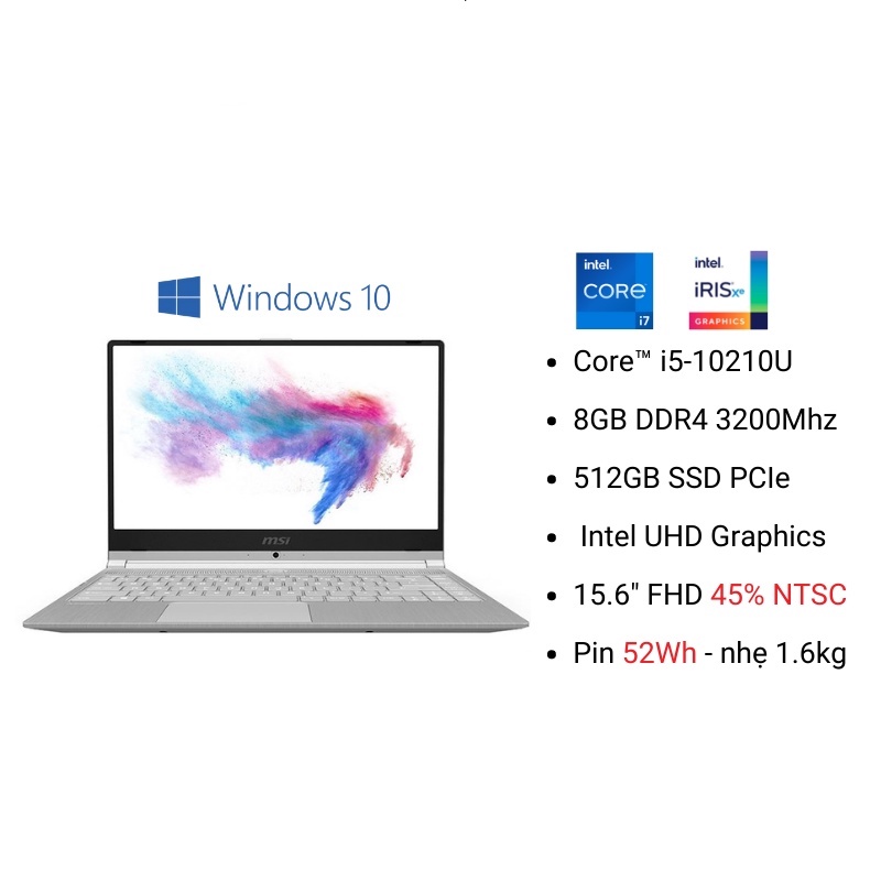 Laptop MSI Modern 15 A10MU-667VN (Core™ i5-10210U | 8GB | 512GB | Intel UHD | 15.6 inch FHD | Win 10 | Xám)