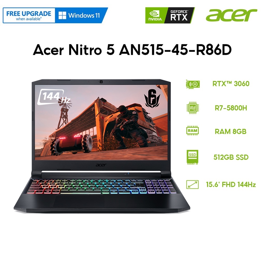 Laptop Acer Nitro 5 AN515-45-R86D (R7-5800H | 8GB | 512GB | GeForce RTX™ 3060 6GB | 15.6' FHD 144Hz | Win 11)