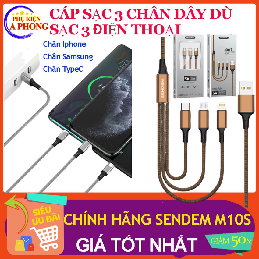 [Rẻ Vô Địch] Cáp sạc 3 đầu trên 1 dây chính hãng Sendem M10s, Đa năng tiện lợi sạc 3 điện thoại 5A nhanh, siêu bền