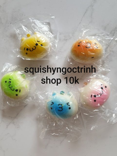 Squishy mini sừng bò + má hồng + gấu vàng + dầu mèo