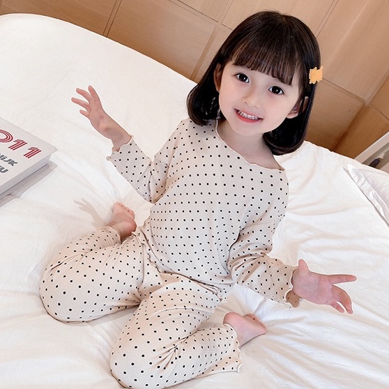 Bộ Đồ Ngủ  Cổ Bèo In Họa Tiết Chấm Bi Xinh Xắn Cho Bé Gái 0-8 Tuổi