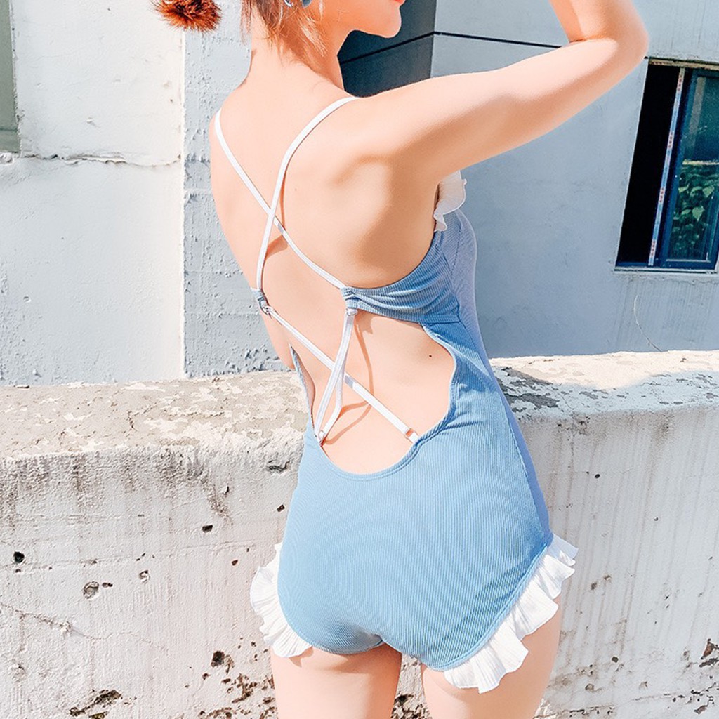 Bikini Đồ Bơi Một Mảnh Phối Viền Bèo Blue Pastel Hàn Quốc Cao Cấp Chất Thun Gân Co Giãn 4 Chiều Che Khuyết Điểm Tôn Dáng | BigBuy360 - bigbuy360.vn