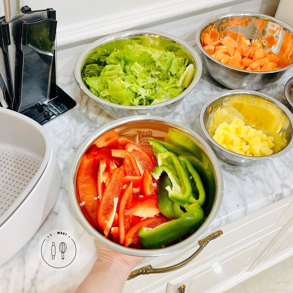 Bộ 5 thau rổ inox rửa rau quả thau trộn salad dày dặn siêu tiện dụng cho nhà bếp