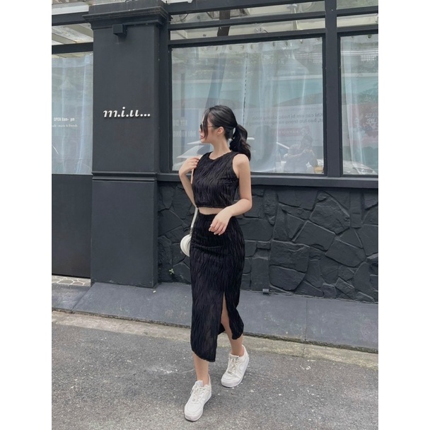 Set xốp ôm body áo croptop ngắn sát nách + chân váy dài xẻ đùi trắng đen kem, đầm sang trọng quyến rũ gợi cảm dự tiệc