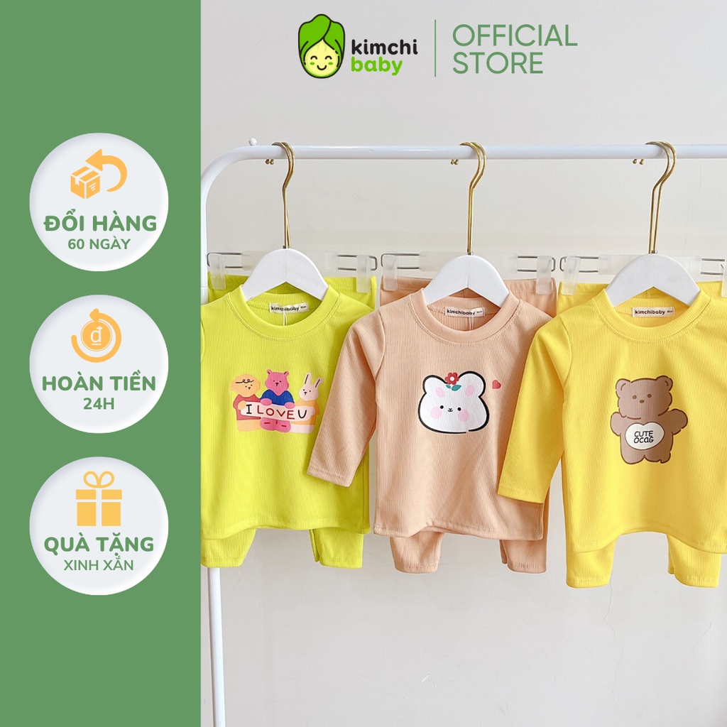 Bộ Dài Tay Cho Bé Trai, Bé Gái Vải Thun Gân Minky Mom Hoạ Tiết In Gấu, Đồ Bộ Mặc Nhà Cho Bé Thu Đông MKMTD2223