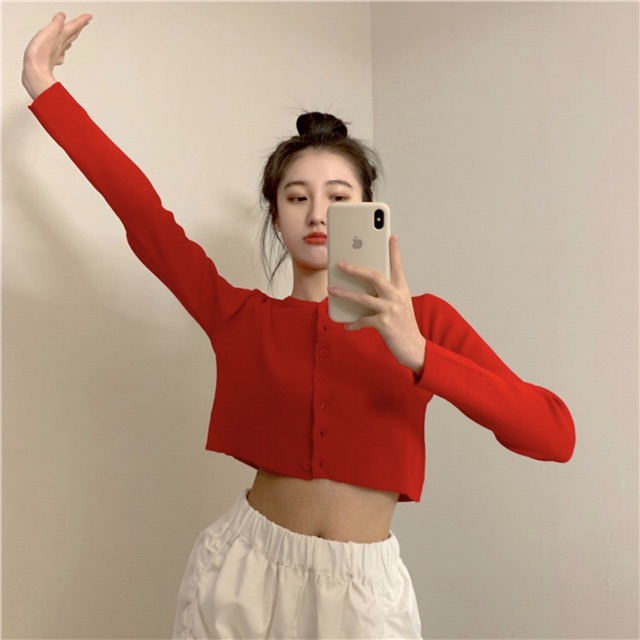 Áo Croptop Dài Tay ❤️ Áo Croptop nữ YAN len tăm nút giữa