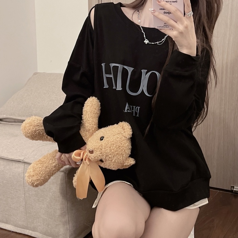 ZHELIHANGFEI Áo Thun Sweater Tay Dài Hở Vai In Họa Tiết Dễ Thương