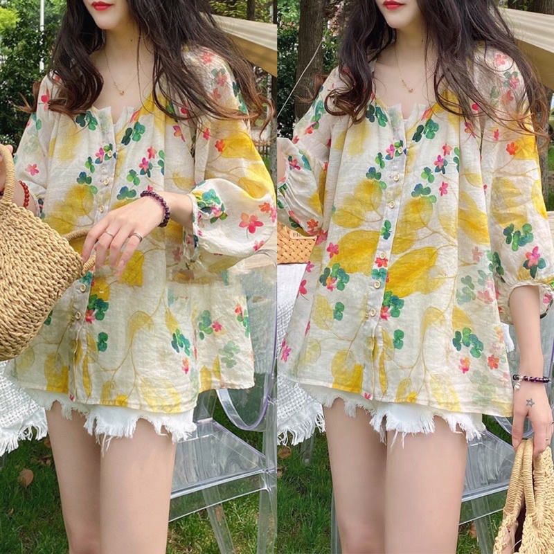 Áo Hoa Tay Phồng Tiểu Thư Dễ Thương Sơ Mi Size M-L-XL-XXL