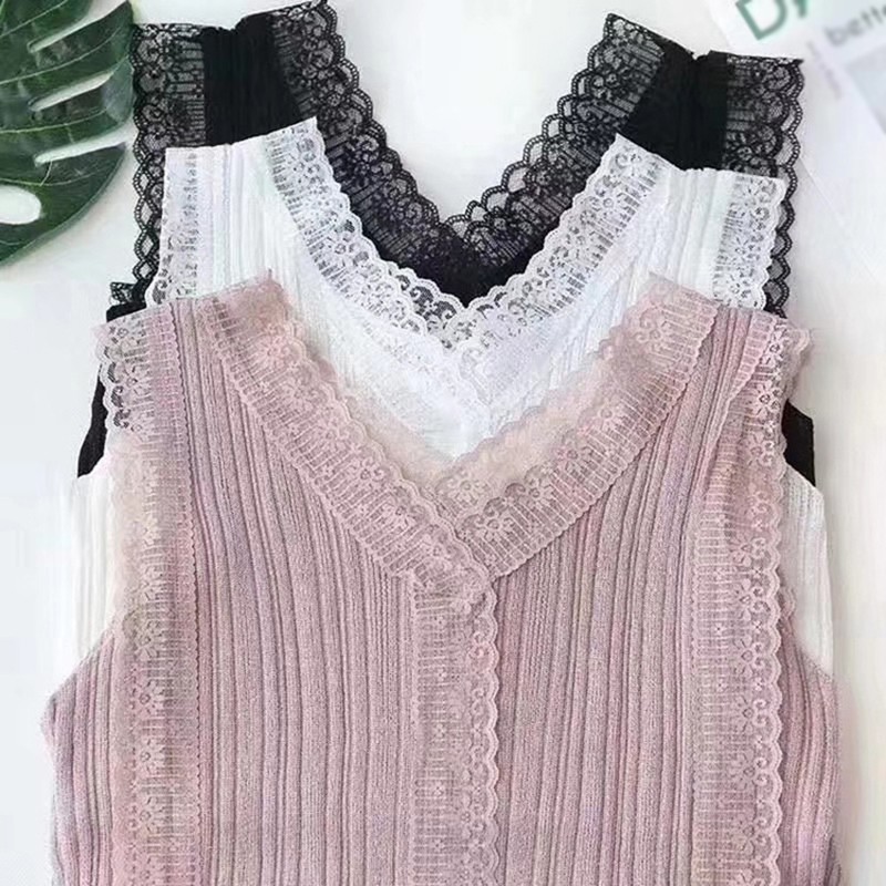 Women Casual Sleeveless Lace Knitted Splice Tops V Neck Hollow Out Pullover Vest | BigBuy360 - bigbuy360.vn