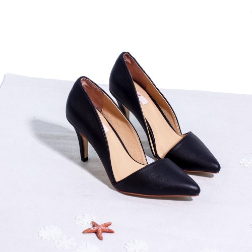Giày Cao Gót 7cm Khoét Eo Mũi Nhọn Màu Đen Pixie P743 '