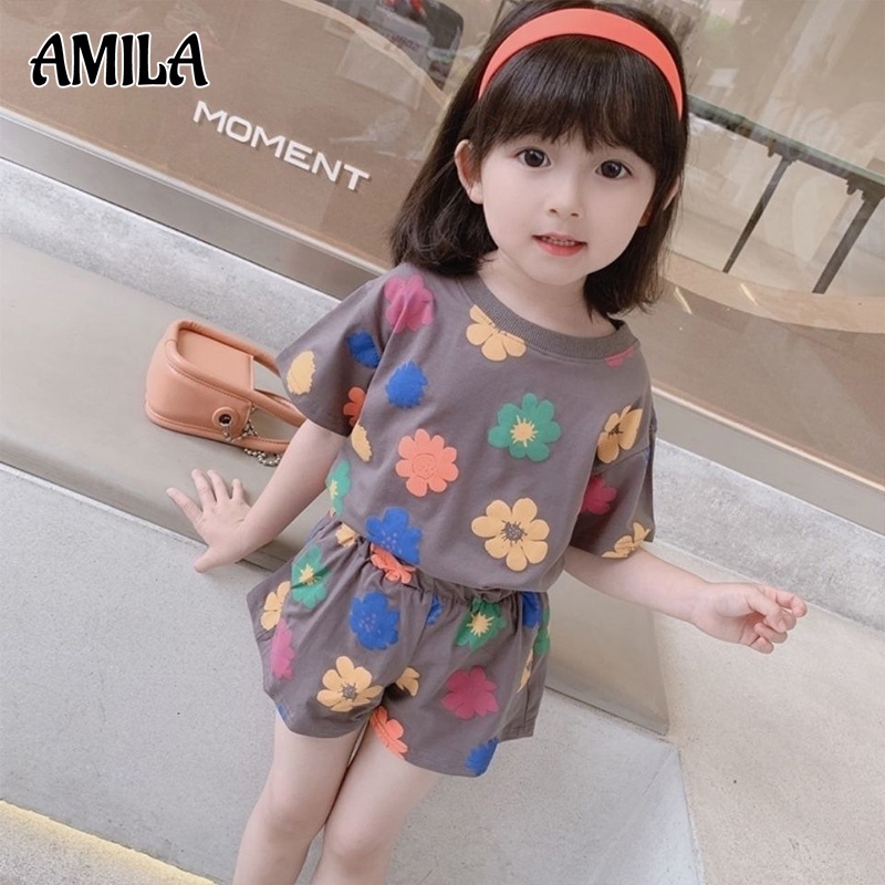 AMILA Bộ đồ trẻ em ngắn tay Phong cách hàn quốc thời trang thoáng khí Bộ đồ mặc nhà cho bé