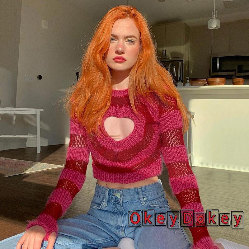 Áo sweater dệt kim tay dài cổ tròn họa tiết kẻ sọc thời trang cho nữ