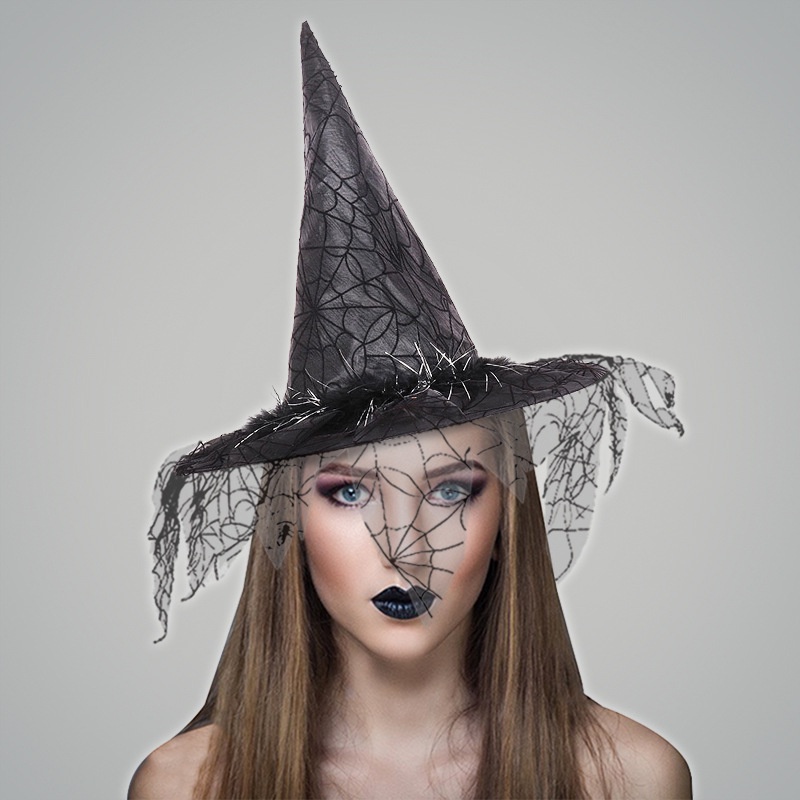 Mũ Phù Thủy Phối Lưới Hóa Trang Halloween Mới