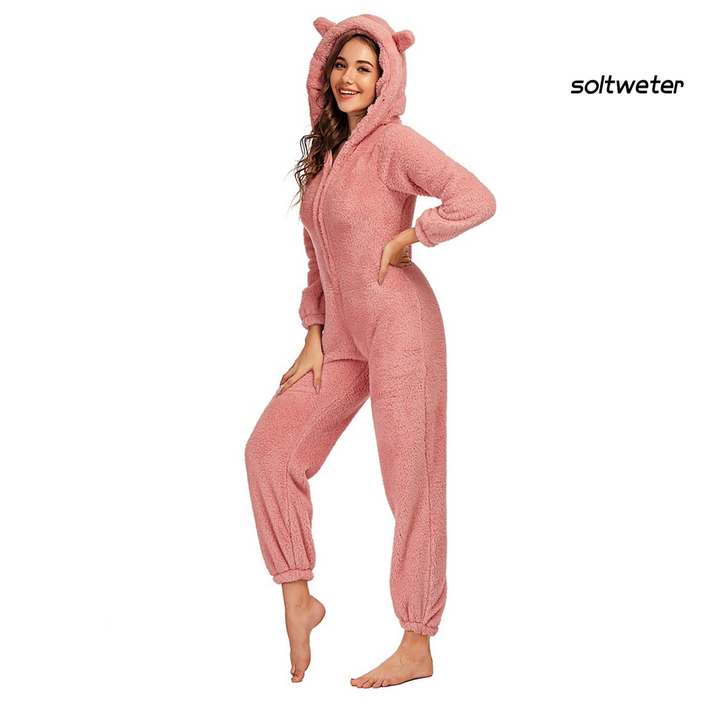 Bộ đồ ngủ liền thân tay dài có mũ trùm phối khóa kéo thời trang mùa đông cho nữ