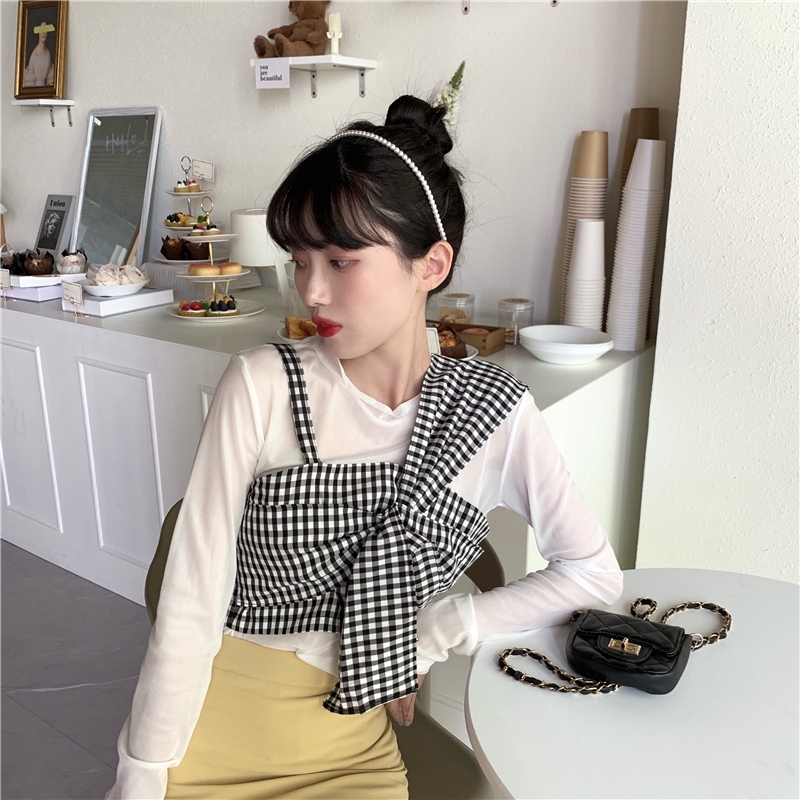 SUXI Korean Fashionable Mesh Long Sleeve Shirt + Plaid Shirt